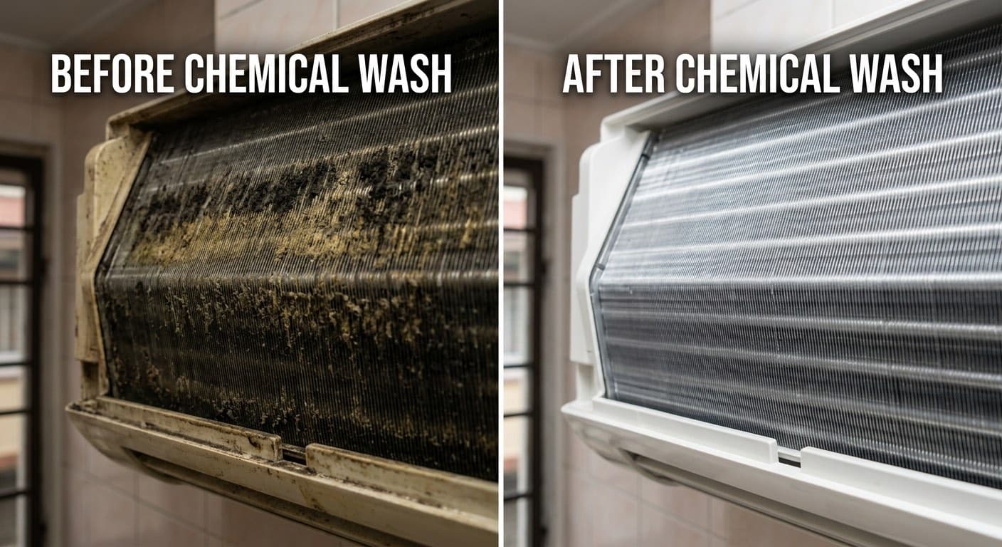 Perbandingan coil aircond Acson sebelum dan selepas chemical wash