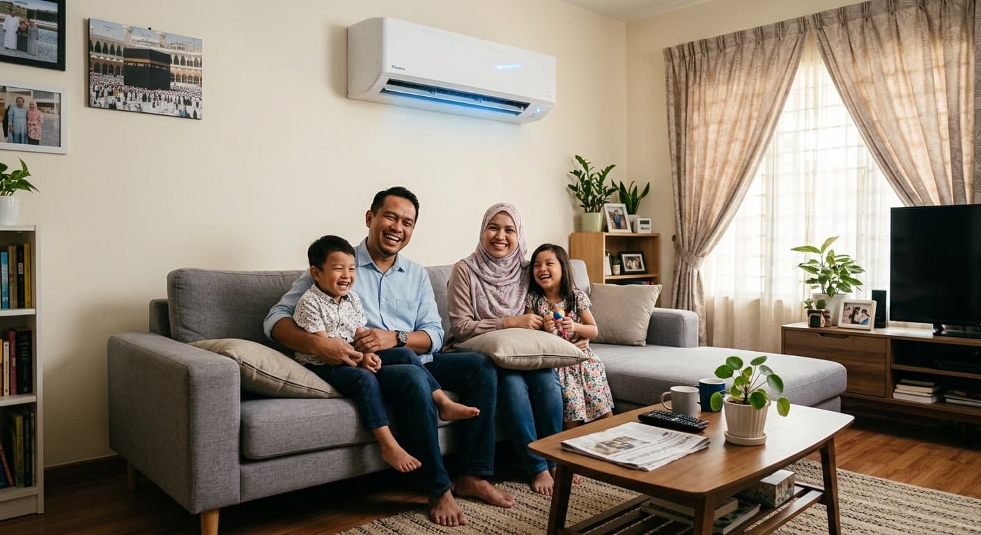 Keluarga berehat di ruang tamu yang sejuk dengan aircond Acson