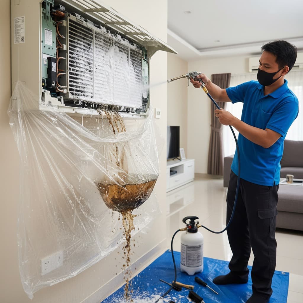 Technician menjalankan chemical wash pada coil aircond Acson