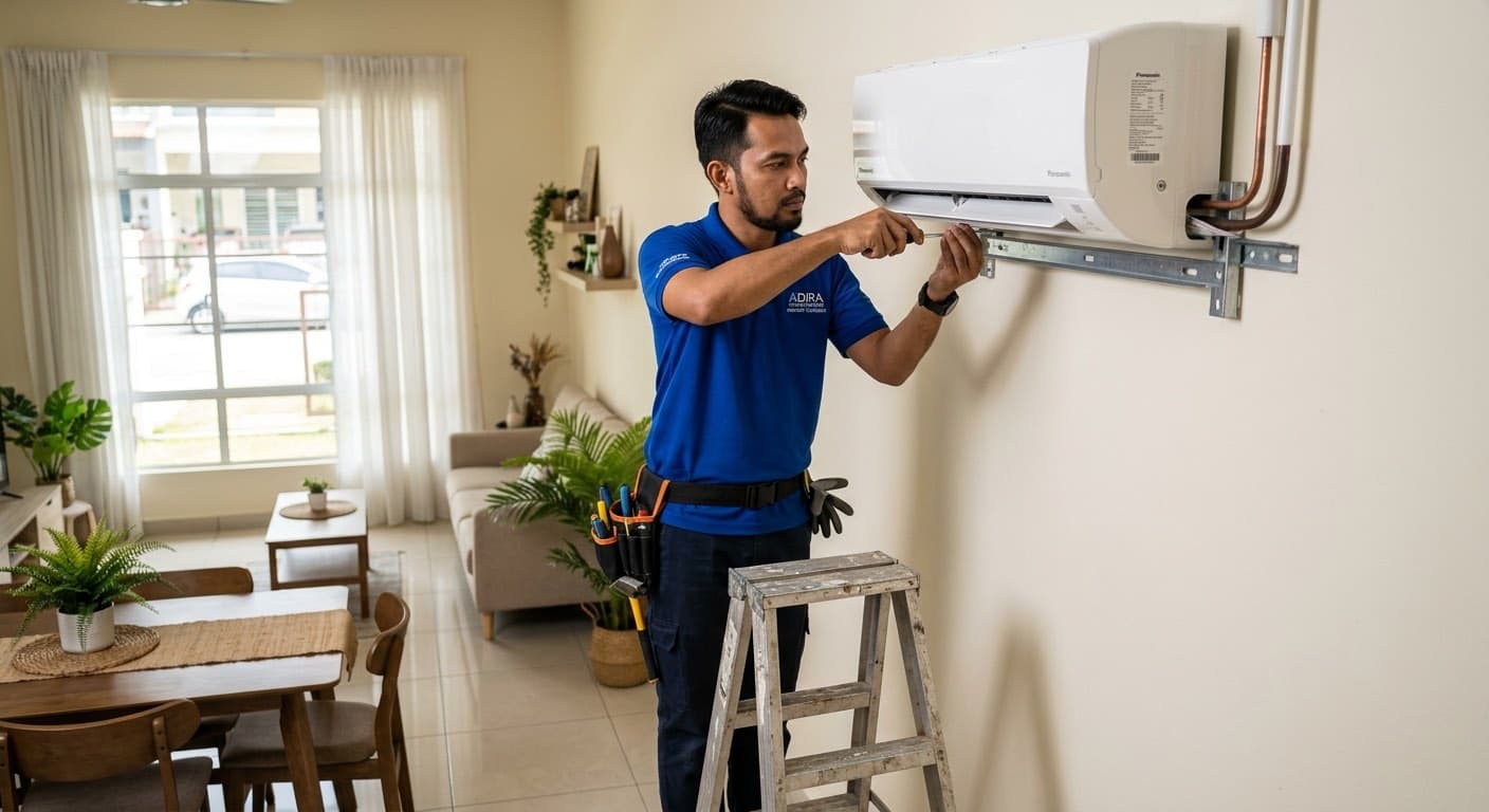 Technician memasang unit dalaman aircond Acson pada dinding