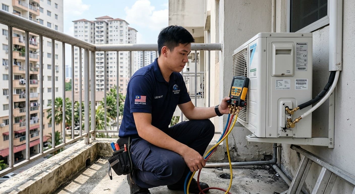 Technician melakukan servis penuh pada unit luar aircond Acson