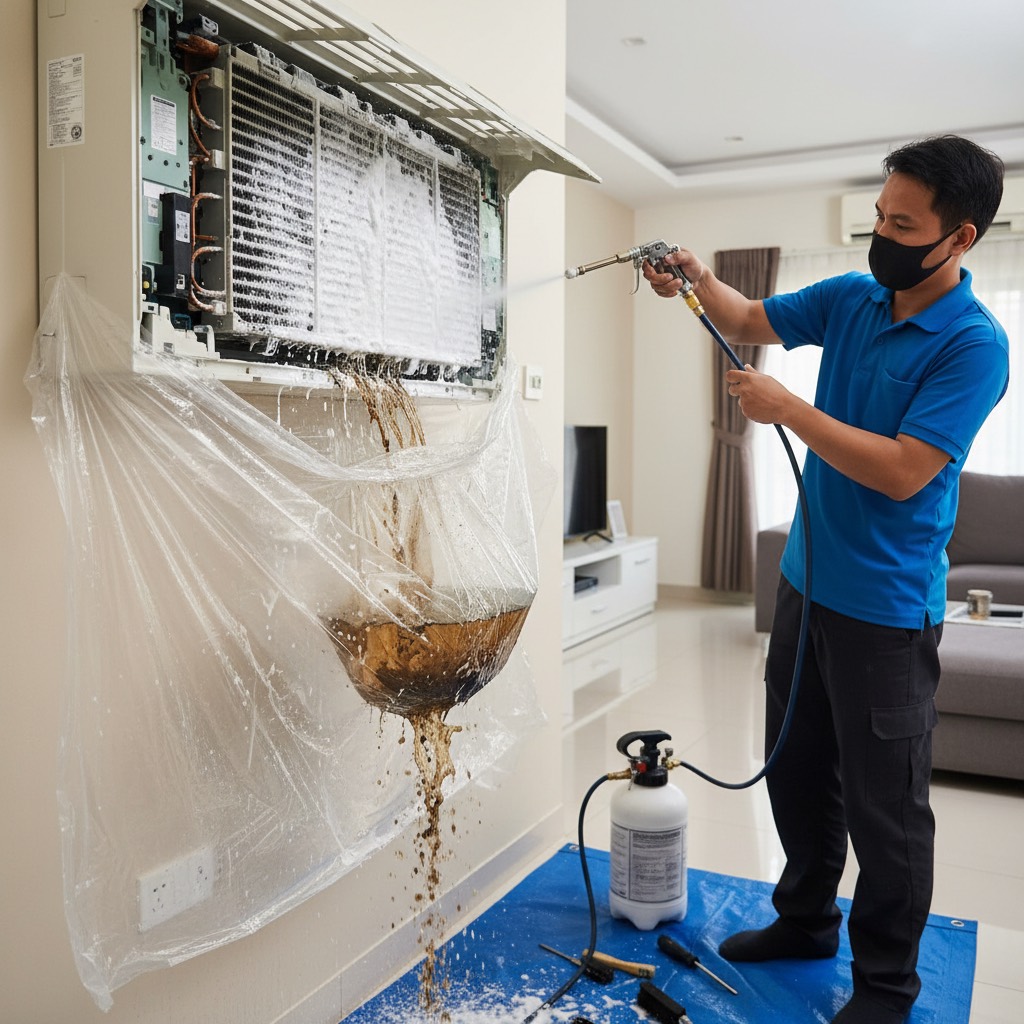 Chemical wash sedang dijalankan pada coil aircond Acson