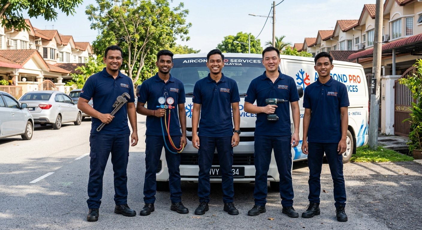Team technician aircond Acson bersama van servis